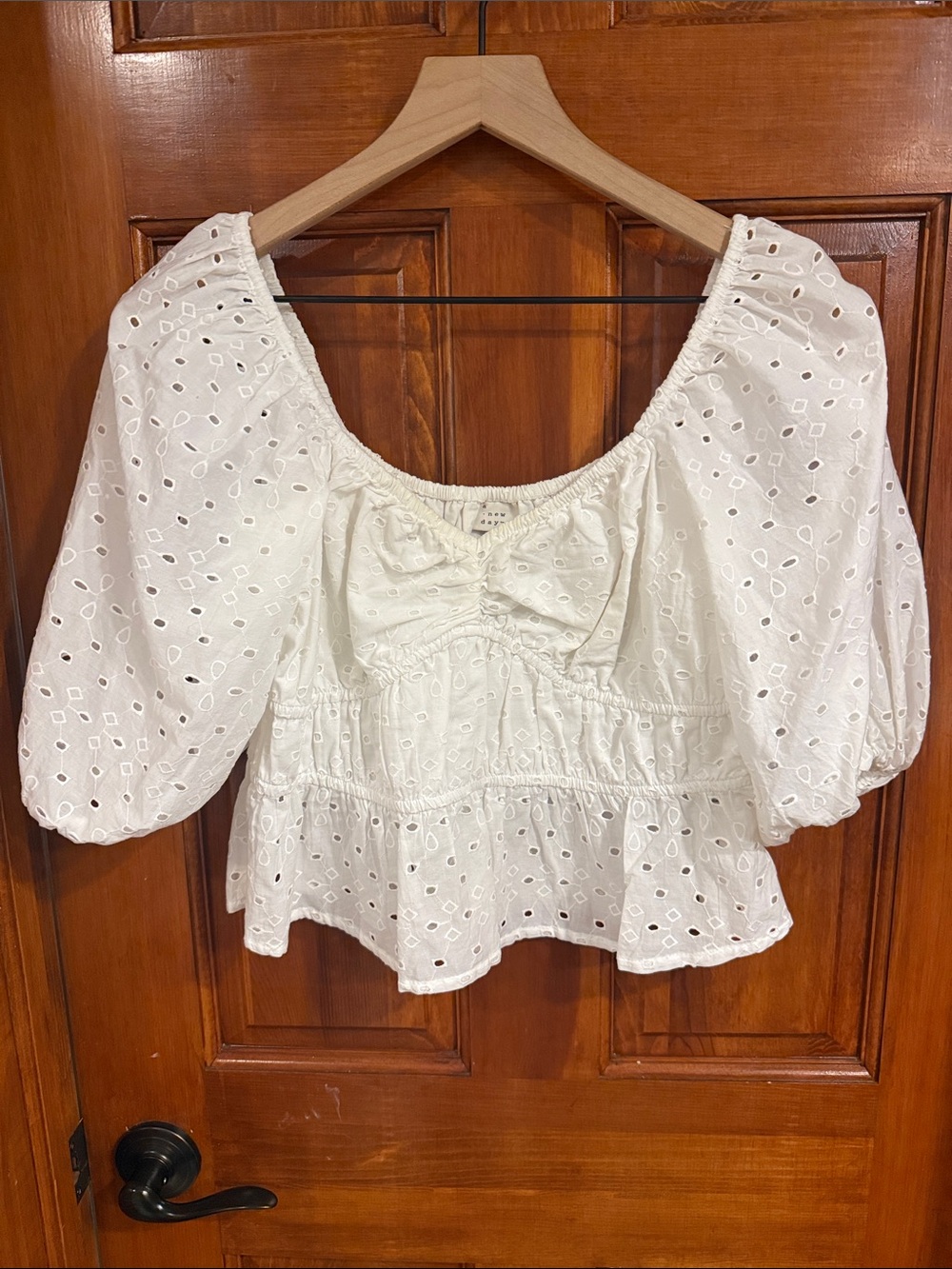 a new day White Eyelet Puff-Sleeve Peplum Blouse